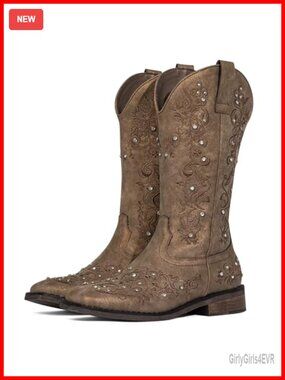 Sparkly Rhinestone Cowgirl Boots Square Toe Mid-Calf Western Pull-On